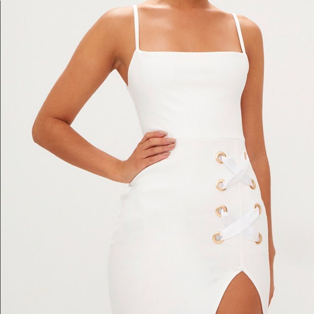 White Satin Lace Up Detail Bodycon Dress